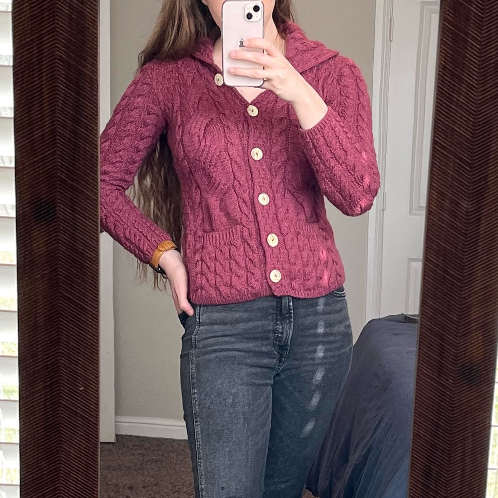 Aran Hand Knit Collared Cardigan Sweater